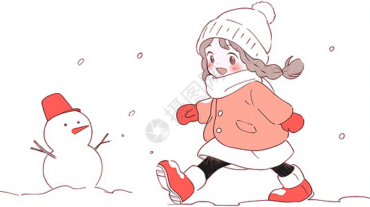 冬天大雪中与小雪人一起玩耍的可爱卡通小女孩高清图片