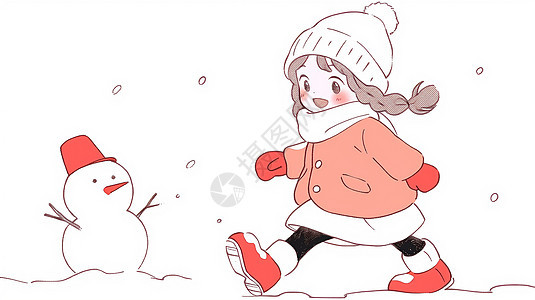 冬天大雪中与小雪人一起玩耍的可爱卡通小女孩图片