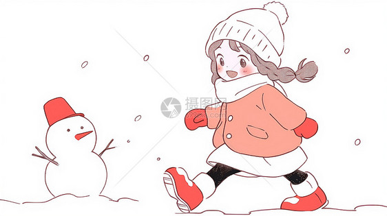 冬天大雪中与小雪人一起玩耍的可爱卡通小女孩图片