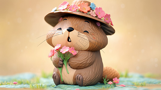 头戴花朵帽子开心笑的立体卡通土拔鼠形象图片