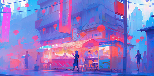 北京城夜景凌晨梦幻抽象的卡通城市街道蓝紫色调插画