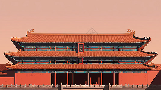 金色屋顶红色墙面的简约卡通古风建筑插画图片