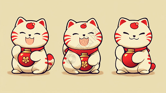 开心笑可爱的卡通招财猫多动作与表情背景图片