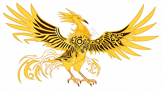 张开翅膀的金黄色卡通凤凰图案背景图片