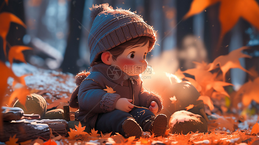 冬天戴着毛线帽坐在枫叶树下的可爱卡通小男孩图片