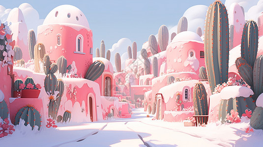 粉色梦幻的卡通仙人掌卡通小镇被雪覆盖背景图片