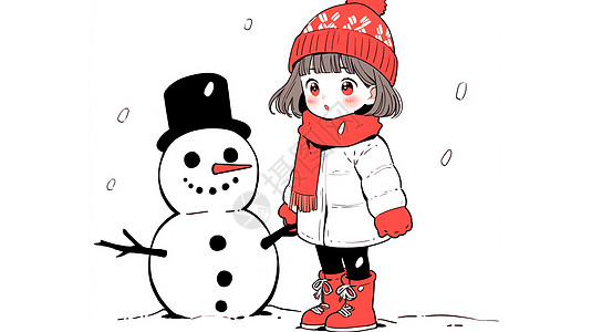 与你在一起戴着红色毛线帽与小雪人站在一起的可爱卡通小女孩插画