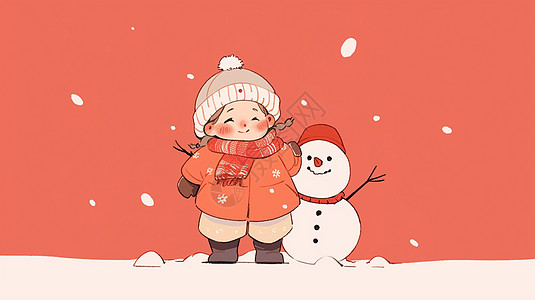 冬天大雪中与小雪人站在一起开心笑卡通小女孩高清图片