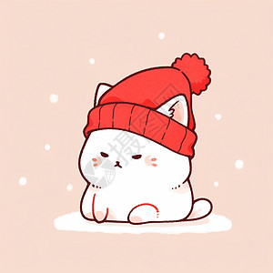 大雪中戴着红色帽子肥胖可爱的卡通小猫图片