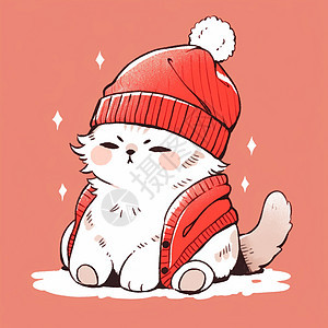 披着红色外套戴着红色帽子肥胖可爱的卡通小白猫背景图片