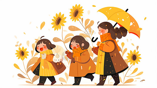 拿着向日葵花和雨伞开心走路的卡通女孩们图片