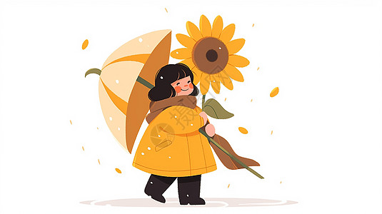 穿着黄色外套拿着雨伞和向日葵的可爱卡通小女孩图片
