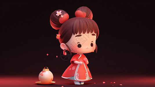 扎丸子头穿红色裙子的立体古风装扮卡通小女孩图片