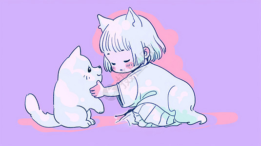 紫色背景上可爱的猫耳朵卡通小女孩与宠物玩耍图片