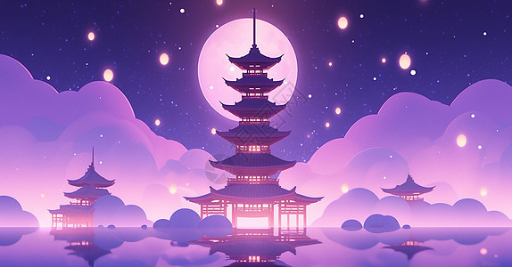 夜晚云朵上几座高高的古塔扁平风插画背景图片