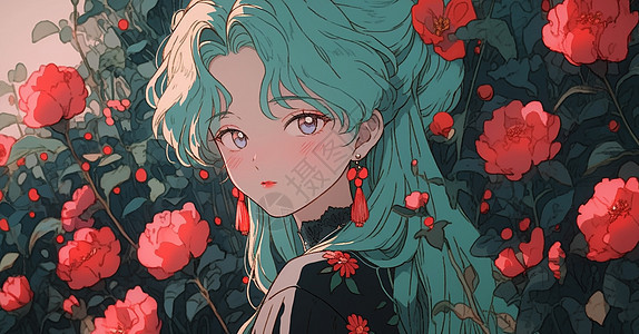 在红色玫瑰花园中的绿色长发卡通女孩图片