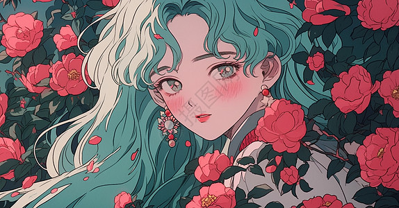 玫瑰花丛绿色长发漂亮的卡通女孩在红色玫瑰花园中插画
