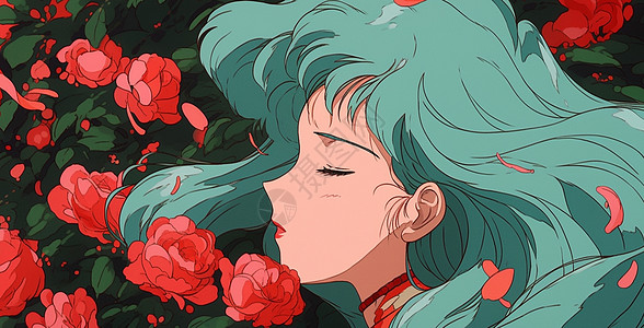 摘玫瑰花正在闻着红色玫瑰花的漂亮绿色头发卡通女孩插画