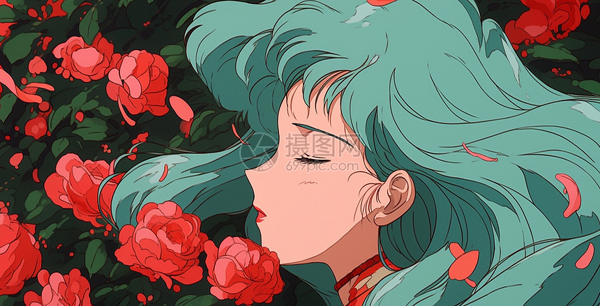正在闻着红色玫瑰花的漂亮绿色头发卡通女孩图片