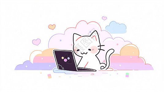 在电脑前认真办公的可爱卡通小猫图片