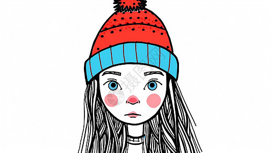 戴着红色毛线帽简约可爱的卡通女孩图片