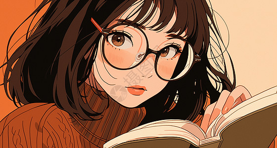 戴着黑框眼镜穿棕色毛衣看书的时尚卡通女孩图片