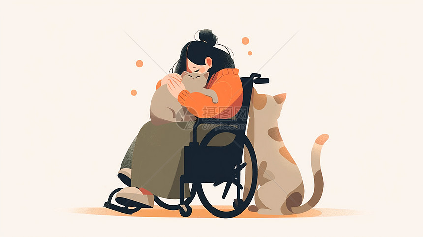 坐在轮椅上抱着宠物猫的卡通女孩图片