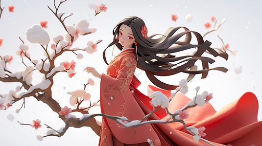 穿红色喜庆古风服装长发飘飘的卡通女孩在雪中赏梅花图片