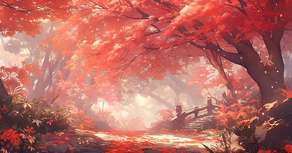 橙色梦幻的卡通古树与林间小路图片