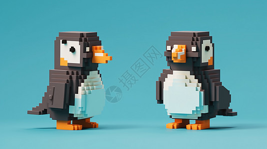 两只积木搭建的立体卡通小企鹅图片