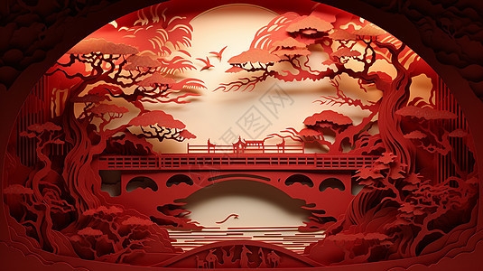 喜庆的的红色剪纸卡通桥与古树风景图案背景图片