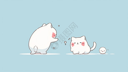 蓝色背景上两只可爱的卡通小白猫图片