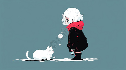戴着红色围巾看着白猫的可爱卡通小女孩图片