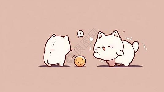 小孩玩球粉色背景上两只玩球的可爱卡通小白猫插画