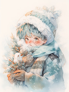 冬天大雪中抱着松树枝与小鸟的卡通小男孩图片
