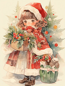穿着喜庆的圣诞裙子戴着红色帽子的可爱卡通小女孩图片