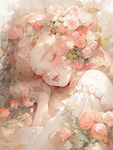 躺在花丛中睡觉的梦幻卡通女孩背景图片