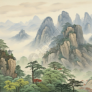 风景秀丽的山川水墨风景插画