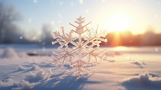 太阳雪在雪地中的一朵漂亮的雪花设计图片