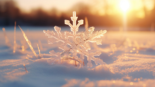 太阳雪夕阳下落在地上的一朵漂亮的雪花设计图片