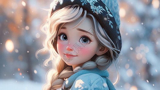 冬天在雪地中戴着厚帽子的可爱大眼睛卡通女孩图片