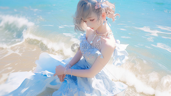 在海边沙滩上穿公主裙的漂亮卡通年轻女孩图片