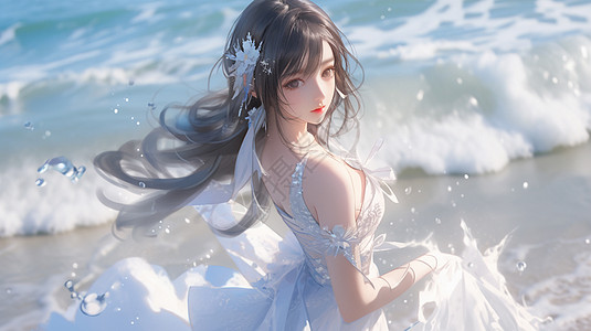 提着裙子在海边上穿着裙子的卡通小公主背景图片
