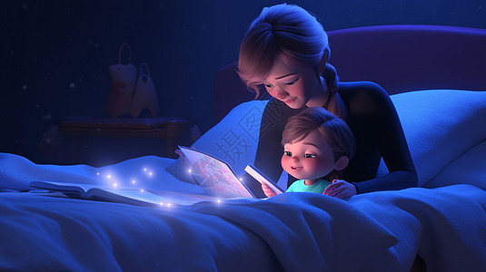 夜晚坐在床上的卡通母子在讲睡前故事背景图片