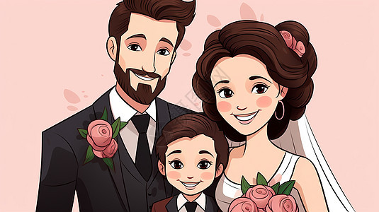 拍婚纱照的幸福一家人卡通合影背景图片
