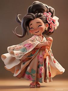 头戴花朵古风装扮开心跳舞的卡通女孩背景图片