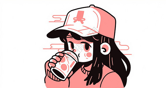 戴棒球帽可爱的卡通女孩在喝饮料图片