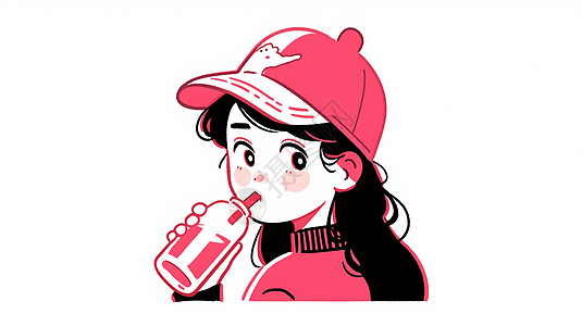 戴粉色棒球帽的卡通女孩在喝果汁图片