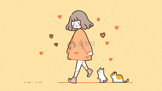 穿淡粉色裙子的卡通小女孩后面跟着两只可爱的卡通小猫图片