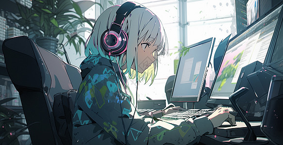 坐在电脑前认真工作的卡通女孩图片